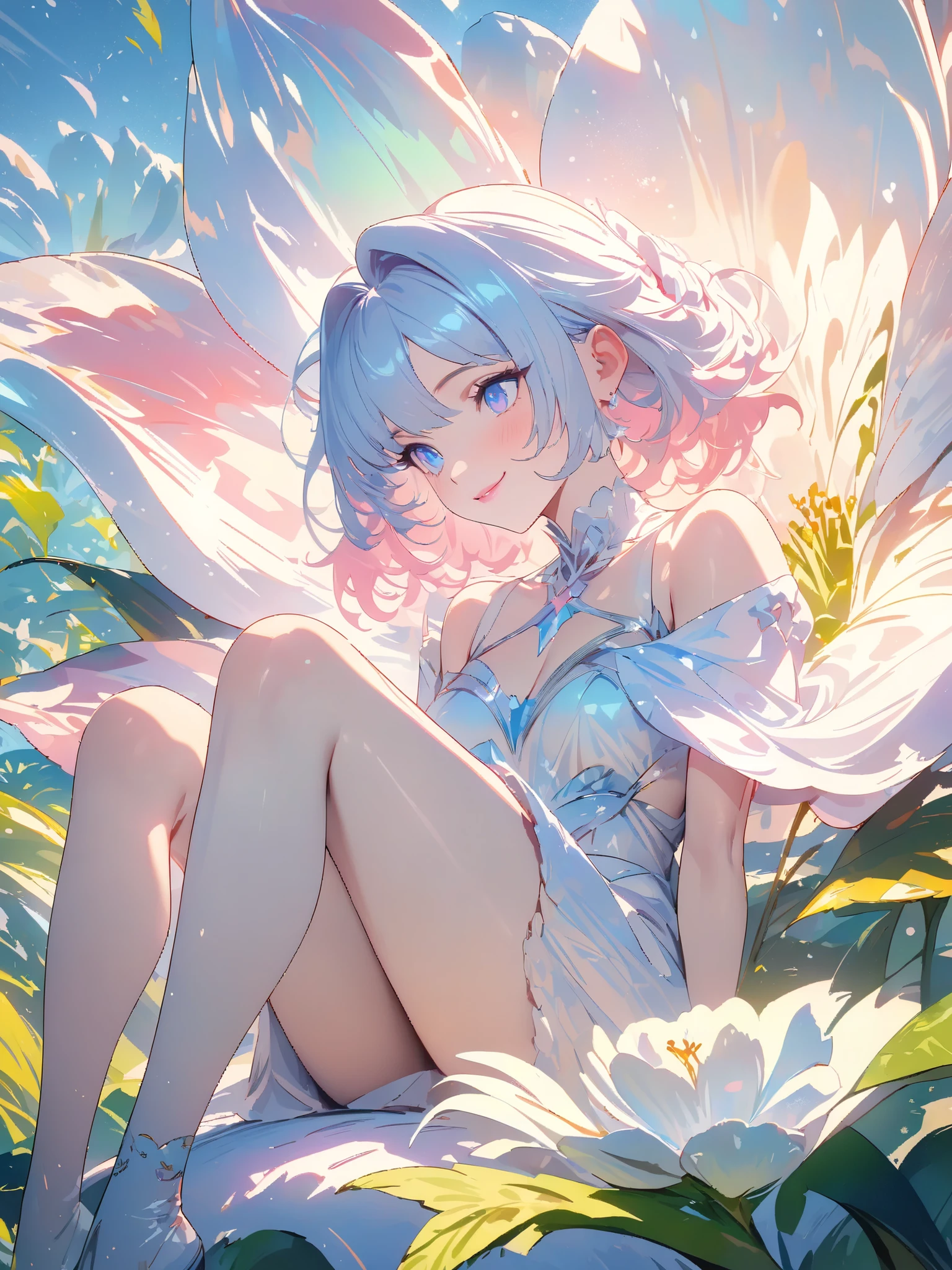 1fille, Water Fairy, elegant, (fairy wings), effets d'eau,(cheveux bleu clair), (yeux bleu), fesses rebondies, bursting breasts, Very small breasts, ruban dans les cheveux, joue de la lyre, Golden lyre, corde scintillantes, flower petals, White summer dress, Fantastic forest,Lake in the background, sunny weather