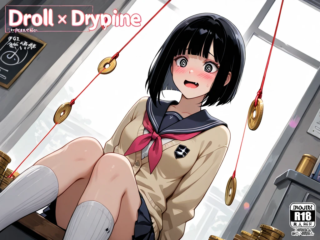 high school girl、Unfold panties with both hands、Plump thighs、Best image quality、High resolution、masterpiece、super high quality、Striped bra、Striped panties、Panty flashing、とてもBig Ass、Blushing、4K quality、Thick thighs、Big Ass、Blushed、Big Breasts、Proud face、Wearing black knee socks、Sticking out tongue、heart、Squat with your legs apart