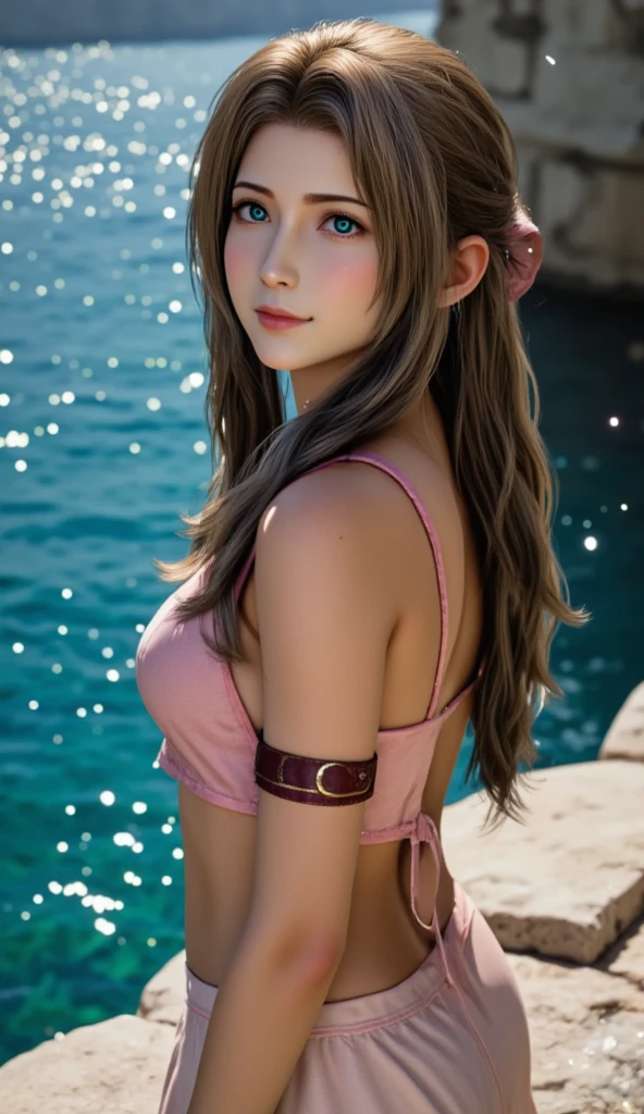 Aerith,FF7, Long Hair, bangs, Brown Hair, bow, ribbon, jewelry, Green Eyes, hair ピンクribbon, Braiding, hair bow, Side Lock, choker, necklace, lips, parted bangs, pink bow, Portraiture, Realistic,Super high quality,high quality,masterpiece,Digital SLR,Detailed explanation,Exquisite details,Anatomical basis,Detailed Description,Detailed face,Realistic skin texture,Sharp details,Perfect Anatomy,Perfect Anatomy,Anatomically correct hand,Anatomically correct fingers,Super Detail,Complex 3D rendering,Sexy pose,The beautiful world of Final Fantasy 7,Pink ruffled swimsuit,Wet,Beautiful night sky,A beach with a beautiful starry sky,shooting star,Fantastic beaches,Fantasy worldview,Picturesque,Pink Lips,smile,Brighten up your expression,