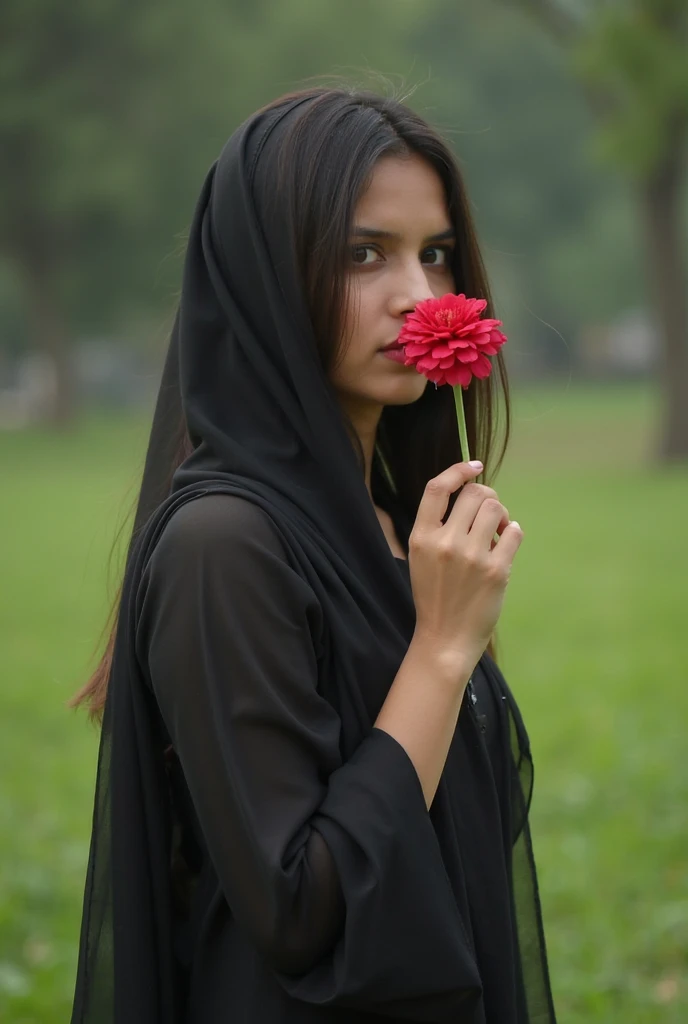 Beautiful Bangladeshi girl wearing burkha who will be 19 years old. A red rose in hand.