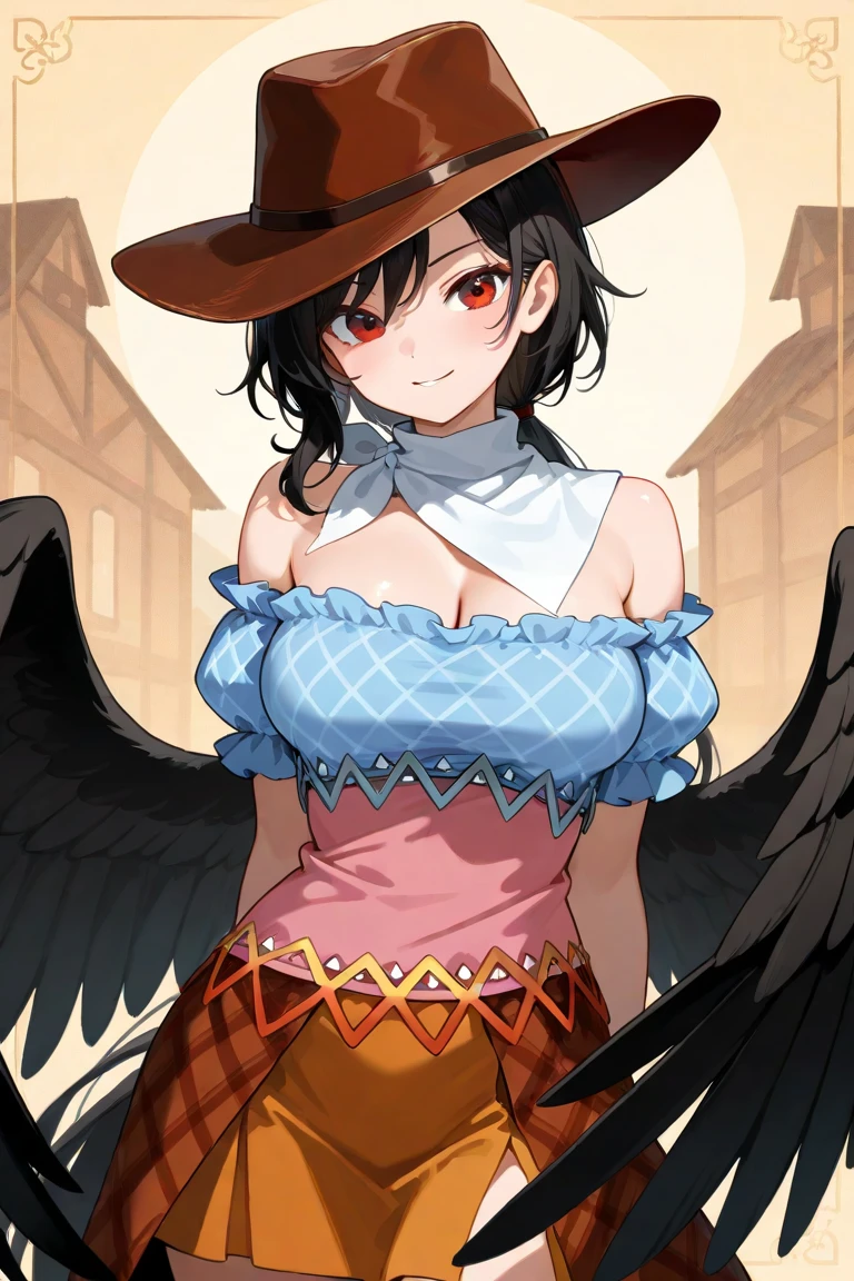 (masterpiece),best quality, expressive eyes, perfect face, 1girl,
big breast, H-cup, good breast, beautiful, gorgeous,anime,girl,lora, floating clothes, tent chest ,
nipple visible though clothes,Saki Kurokoma,
red eyes,
black hair,
short hair,
long ponytail,
black wings,
black horse tail,
brown cowboy hat,
brown boots,
light blue plaid shirt,
light pink shirt,
brown plaid skirt,
light orange skirt,
shoulders,
white bandana tied around neck,hands on waist, hands on hips,crazy smile,yameroyandere,yandere,crazy eyes,dark,glowing eyes,shaded face,empty eyes,w sitting, w sitting on ground,legs on ground,