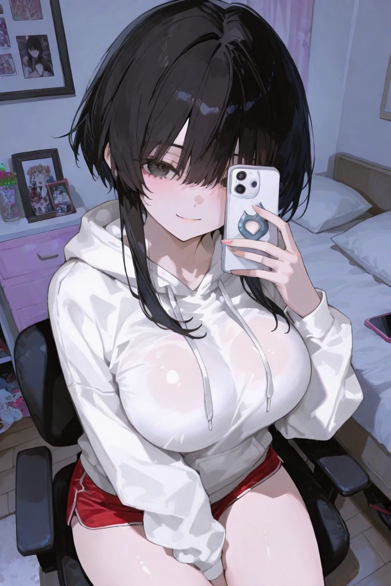 Anime girl takes selfie with smartphone, holding smartphone in front of covering face, sexy lingerie, bra, pantie, navel, (((white background))), huge breasts, squatting, spread legs, (put your hand between your thighs),