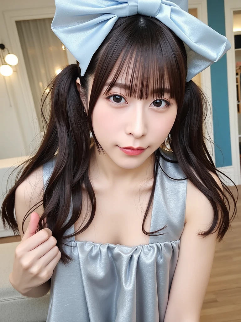 masterpiece、one person、14 years old、Full body photo、slender、woman、White drool coming out of the mouth、smile、Twin tails、 Fair skin, messy hair, super cute、Soft and Face、8K resolution、Surreal、Ultra high definition、 A-cup small breasts((Highest resolution、8k、masterpiece:1.3))、Ultra-fine face、Ultra Fine Lips、Beautiful Eyes、double eyelid,Dark blue walls、Navy and white checked bandeau dress:1.1、Thighs、thin,Thighs are visible、Shapely small breasts、fun、sexy