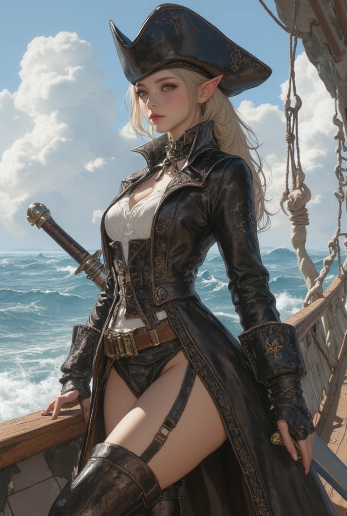 full bodyesbian, Top quality, Intricate details , (Fine skin, Shiny skin, Shiny hair, Pale complexion), Purple sky, golden time, Sunset, Sail ships, Pirate ship, ((Skull mark on flag)), Ambitious, Seductive Woman, Gray hair, Long hair, Hair fluttering in the wind, scar on the cheek, detailed tattoos, Leather clothes, Sleeveless clothes, Leathercoat, Leather gloves, Solid gold bracelet, leather pant, Black trousers, Pirate hat , A hat with a skull marker, (Leather belt), Look far away
