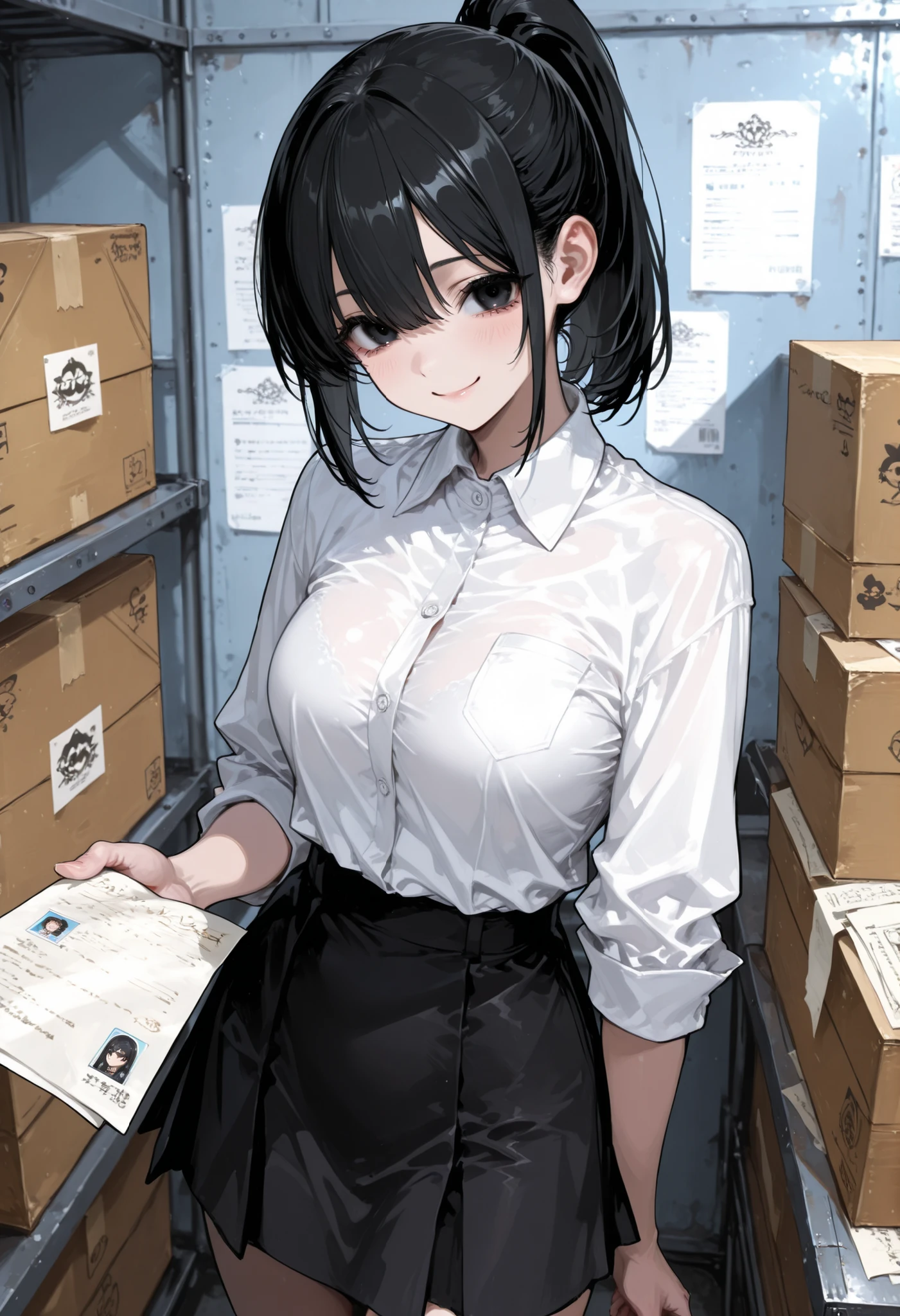 white collared shirt、black skirt、black hair ponytail、document warehouse、 Smile、medium breasts、black eyes、Give me a business card、front