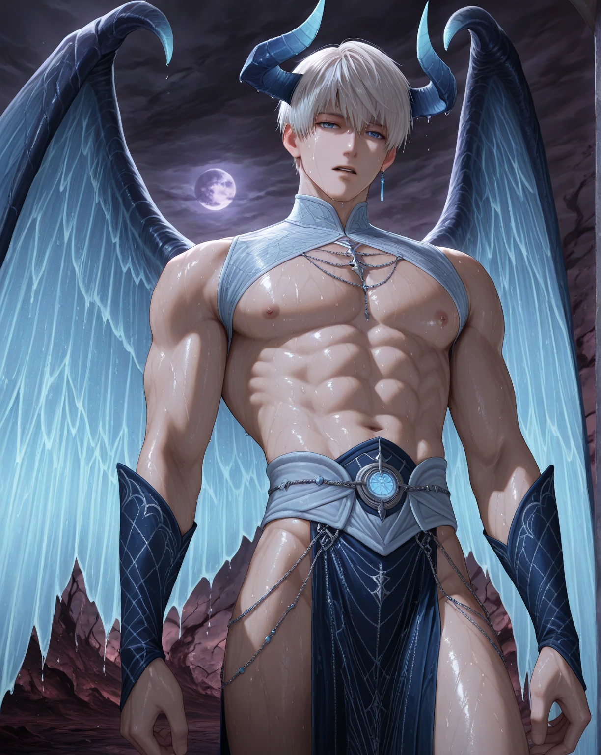 NSFW, ((masterpiece)), ((Best Quality)), ((extremely delicate and beautiful)), ((Completely and perfect body)), (Perfect and delicate 2 hands with 5 fingers), Focus on character,
(((One beautiful and handsome adult man with blonde short hair and red eyes is demon has a large erect penis on full display))), (He is standing proudly with hand on hip), (He is wearing a white cloak), He wears a black choker that glitters ominously, (empty eyes, drooling, sexually aroused and ecstatic smile), open mouth, (Blush with aroused), slender, well-muscled, flat chest, He has a glowing heart-shaped magic circle tattoo on the center of his chest, His body has no pubic hair at all, adult man, (((In the church of evil at night))), (evil magic circle that shines ominously purple),