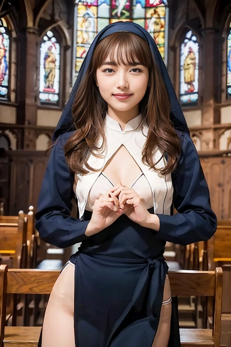 ((Perfect anatomy with detailed limbs)),A single shot capturing the essence of movement,masterpiece,Ulzan 6500,(Realisticで写実的なphoto),(((A beautiful bride wearing a pure white cape and a body-conscious wedding flare dress is standing with her knees together in front of the altar of the chapel, holding a bouquet, and smiling happily with her chin up.))),(((Beautiful, long, chestnut hair braided beautifully with a cape draped over it, so cute))),The earrings and necklace look great on her beautiful décolletage.,4K bust-up angle overhead shot,Chin up, looking at the camera above,Best image quality,Professional perspective,Excellent detail,Ultra-high resolution,Realistic:1.4),Attention to detail,Beauty condensed into one girl,繊細でHigh noseを持つ美しい顔,Long limbs like a modelと細いウエスト,White stiletto heels,Smile with eyebrows and corners of the mouth raised,A stunningly sculpted body with beautiful F-cup breasts,Amazing abs and toned, upward-facing hips,(((4K portrait shooting of bust-up shot using perspective with beautiful background))),The smile is shining,Stunning background bokeh with depth,Dynamic Perspective,Amazing details,Beauty condensed in one girl,Chestnut bouncy hair,繊細でHigh noseを持つ美しい顔,Long limbs like a model,Tight hips and waist,High nose, Clear chestnut eyes, Glossy Lips,