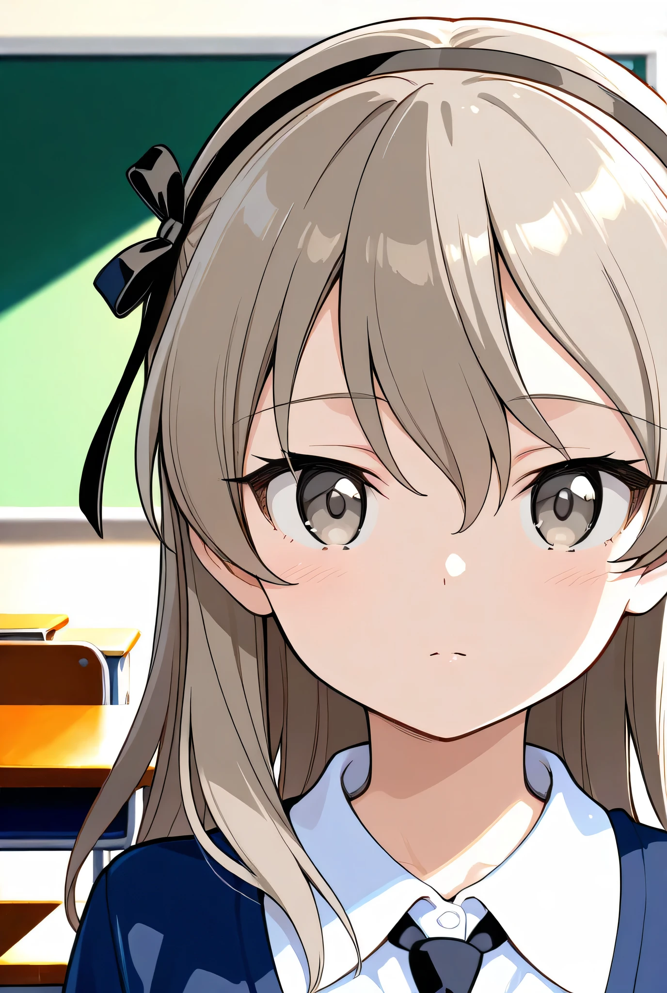 shimada arisu,st. gloriana's school uniform,black tie,classroom,face focus,front view,looking at viewer,