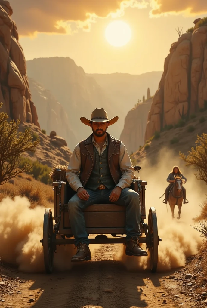 Beautiful Scene where the Wooden Carriage with the Cowboy sitting at the harness, Cowboy Dressed in a hat and Jeans, Beautiful leather vest and white shirt, Leather boots with spurs, Beautiful Detailed scene with warm Wild West lighting, clouds of dusty smoke from the carriage wheels, , a Horse and a Rider with long hair and shabby clothes are rushing behind the carriage Jeans and a checkered shirt, Хорошее Quality, beautiful colors, clearly, лучшее Quality, in the background shows a steep canyon, small trees and a dry area with dried trees, The small road is slightly rolled up and you can see wagon marks, beautiful sunset, masterpiece, лучшее Quality, high detail, nice house, clearly, cinematic style, Quality,