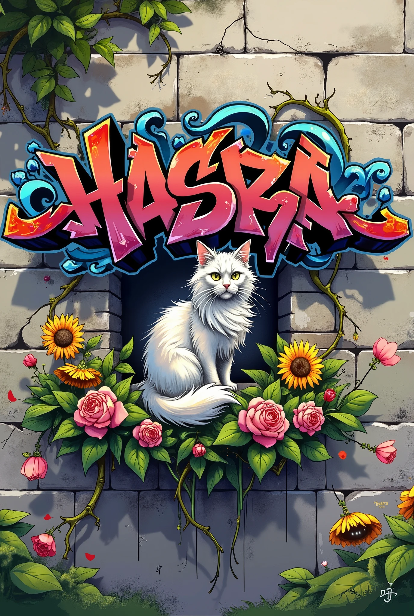 Cool graffiti spelling 'Hasra' on a stone wall background, white angora cat, roses and sunflowers, creeping roots, Chinese