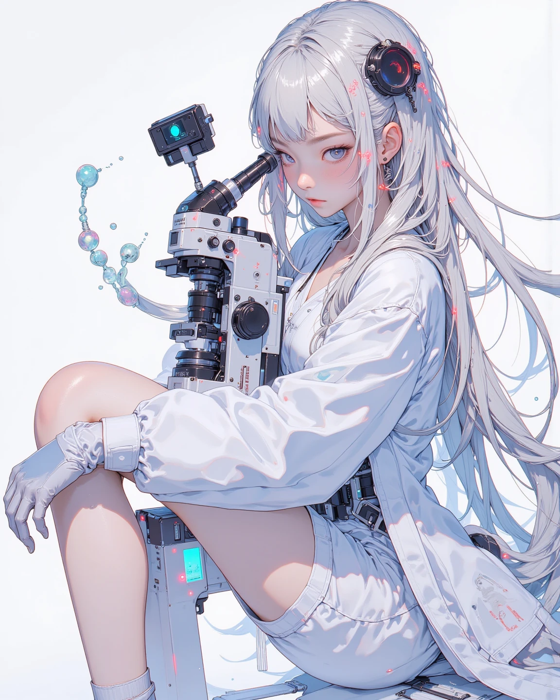 top quality, masterpiece, finely detail, very delicate 8k wallpaper, transcendent beautiful girl, (white camisole dress), pale skin, (Gray medium hair), (Artificial lifeforms soaked in formalin in a cylindrical tank in the background), (Expressionless), (looking away), flat chest, (sitting, wariza), collar with tag, (bare_limbs:1.4), (number tattoo on shoulder), Biotechnology, (biopunk:1.5), (A glass case containing a giant mycelium), (five fingers, 4fingers and 1thumb), Scattered research materials, Research facility, eating mushrooms,