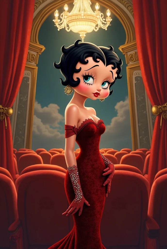 Generate a portrait of Betty Boop exuding timeless elegance and vintage glamour. Envision her in a classic Hollywood setting with soft, flattering lighting. Emphasize her features with a touch of sophistication, perhaps inspired by the golden age of Hollywood. Ultra Realistic photo, vibrant colors, 16k