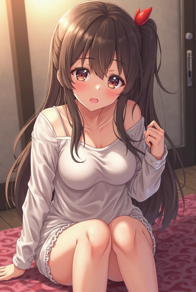 2D, 8k, highres, masterpiece, super fine illustration, photo background, insanely detailed,
blurry background, depth of field,
natural light, soft lighting,
perfect fingers, nice hands, perfect hands, good hands,
BREAK
1girl, solo, long_hair, breasts, looking_at_viewer, smile, bangs, brown_hair, shirt, cleavage, brown_eyes, medium_breasts, standing, white_shirt, short_sleeves, indoors, necklace, black_eyes, lips, bed, t-shirt, cowboy shot, hands between legs, bottomless,