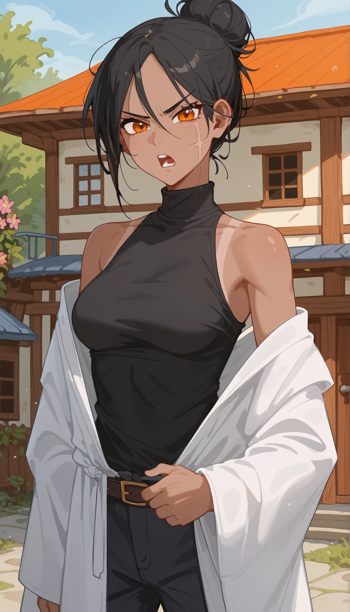 girl,black hair ,cute, orange eyes ,slim,tanned,,Stitches,,Rotten flower shirt,Skinny,Long Robe,handsome,in the naked eye,black shirt,serious face,Open your mouth,, irritation ,Dark skin,upset, black pants ,Stitchesบนใบหน้า,,Turtleneck,Stitching shirt,,unequal eyes, house,assassin,Angry,Hair bun,หน้าStitches,Medium bust,milf,Stitchesหน้า,beautiful,Scar ,Off-the-shoulder white kimono,