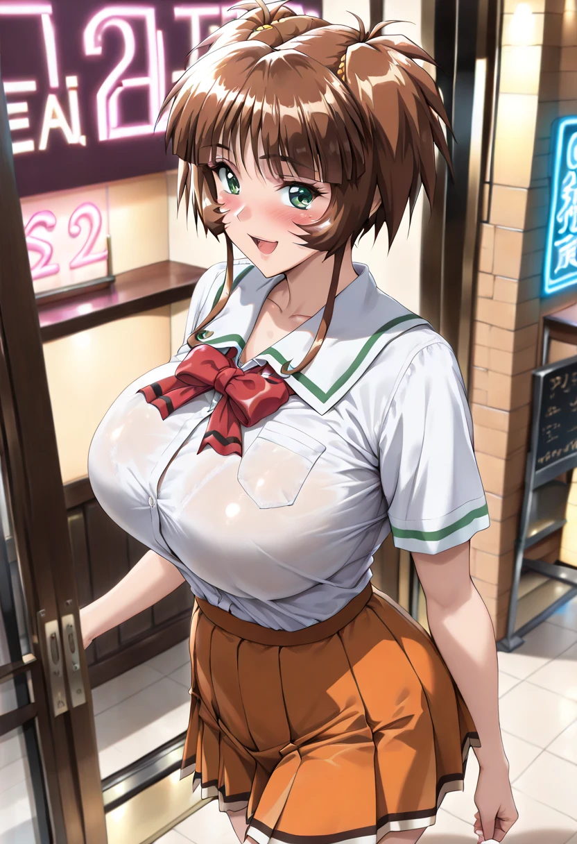 1girl, forehead, large breasts, skirt, brown skirt, bar, brown hair, short hair, smile, standing, mature female, layered skirt, sleeveless, long shirt, bowtie, bow, bubble skirt, holding bell, bell, bare shoulders,