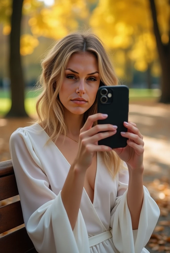 A 23-year-old blonde woman with hiperrealismo features and a stunning physique, showcasing her pechos grandes, poses elegantly in a beautiful garden. With her blonde hair cascading down, reaching extra largo lengths and blending seamlessly from light brown roots, she captivates the viewer with a selfie taken with her iPhone. Dressed in an elegant black shirt with an alluring escote, she emanates confidence and sophistication. The image is of exceptional qualidade, resembling a true to reality obra-prima. In a style reminiscent of Margot Robbie as Harley Quinn in Suicide Squad, the blonde woman is captured in a sensual pose, highlighting her entire corpo. The composition is centered and the focus is sharp, allowing the volumetric lighting to create