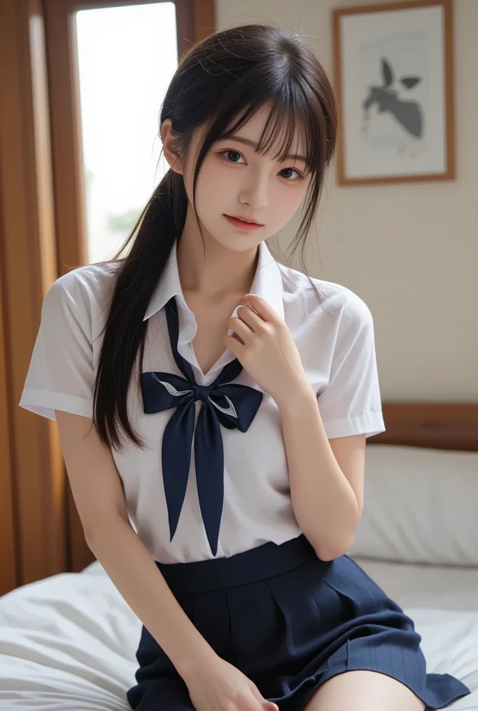 wearing short skirt、Alafid asian woman wearing bow tie sitting on train, cute schoolgirl, japanese schoolgirl, wearing japanese school uniform, japanese school uniform, a hyperactual schoolgirl, Dress up as a schoolgirl, hyperactual schoolgirl, Wearing school uniform, actual , girl wearing, Wearing school uniform, A pose, whole body, Good skin, glowing skin, beautiful thighs,glowing thighs, Glowing legs, (())