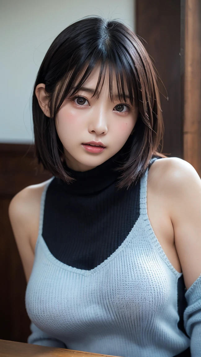 (masutepiece, Best Quality:1.4), girl, Solo, Beautiful face, 8K, absurderes, violaceaess, gardeniass, Upper body, Turtleneck sweater, Looking at Viewer, No makeup, Film grain, chromatic abberation, Sharp Focus, face lights, Sophisticated, (Smile:0.5), Room, Indoor, Simple background, Bokeh background, [:Detail Face:10]
