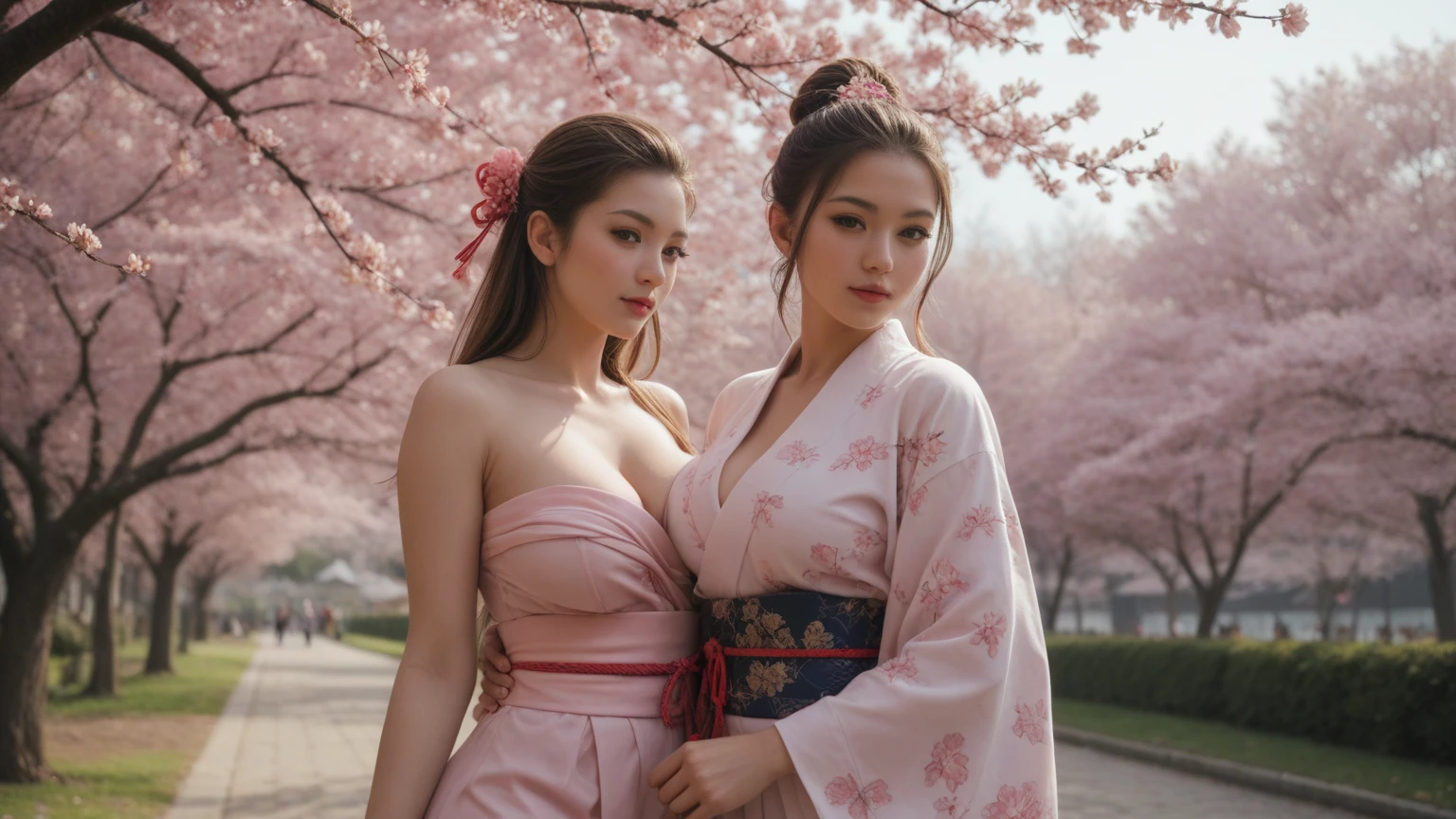 (8K,RAW Photos、RAW Photos、Highest quality、Masterpiece:1.2)、Ultra-detailed、Super Resolution、The most beautiful cherry trees in the world、(Photorealistic:1.3)、((Cherry blossoms shining on the surface of the water))、((Reality and cherry blossoms reflected on the surface of the water.))、Cute pose、Sakura Park at sunset、The end of cherry blossoms、Cherry blossoms flutter、Cherry blossoms soaring in the sky、The Sunset Sun、Amazing sunset、Crimson Sky、High-resolution RAW color photos、Professional photography、Same skin type as humans、Japan female proofreading from head to waist、Blur the background、Drawing faithful to anatomy、The correct number of fingers、(Very beautiful and elaborate cherry blossom tree at night 1:1.37)((Cherry blossoms fluttering in the wind))、full moon、Very detailed and beautiful、Ultra HD、Half-up hairstyle、Hair Bun、ponytail、High school girl in sailor suit、(Plump Cheeks)Uniforms with attention to detail、Each face has its own unique features、Different face patterns、color々Hairstyle、夜風になびく茶colorの髪、Her hair is swinging and sexy、Very detailed beautiful girl、(Pink Eyeshadow)、Red tie((((Panties and bra are visible)))) ((((Angle from behind)))) ((((Emphasize cleavage))))