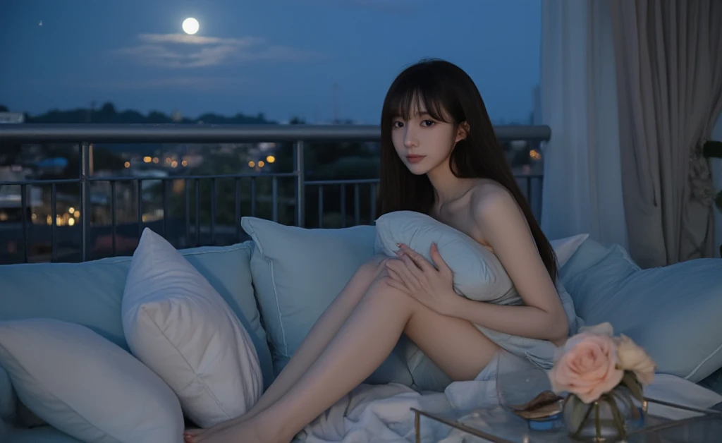 Araved woman lying on sofa in front of the window, dreamy night, at night with moon light, moonlit night dreamy atmosphere, Moon light, soft moonlight lighting, Moonlight night, sitting in bedroom, beautiful lonely girl, beautiful moonlight night, is in night, sitting on a moon, perfect crisp moonlight, Moonlit Night, lunar themed attire, gorgeous chinese models