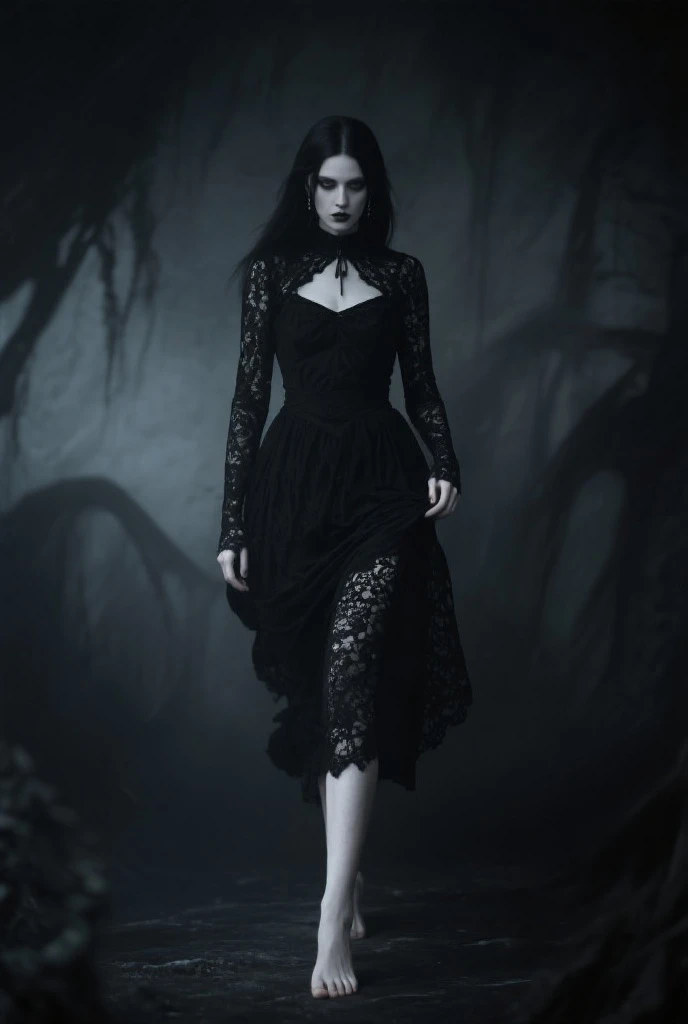 "Create an image with an old Gothic atmosphere, featuring a large, intricately detailed spider on a spider web. The web should be full of glistening droplets of blood, giving it a dark and eerie appearance. The background should be shadowy and mysterious, with hints of decayed architecture or twisted, ancient trees. The overall vibe should be haunting and otherworldly, evoking a sense of dread and Gothic horror
