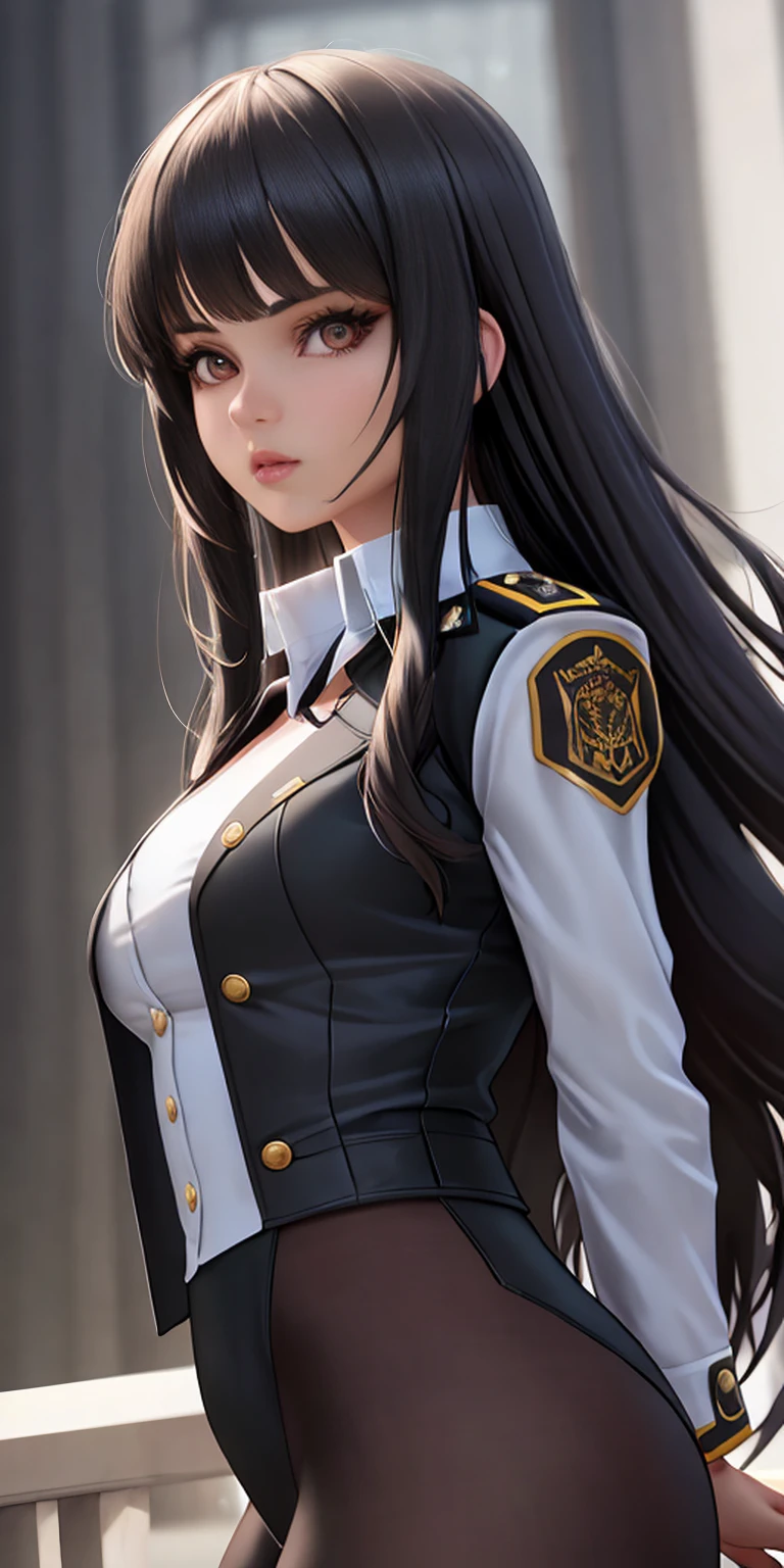 ((Single color background model photography)), ((8k)), (detailed face), (highlight), female、Big breasts、blunt bangs、black hair、combat uniform、skirt、