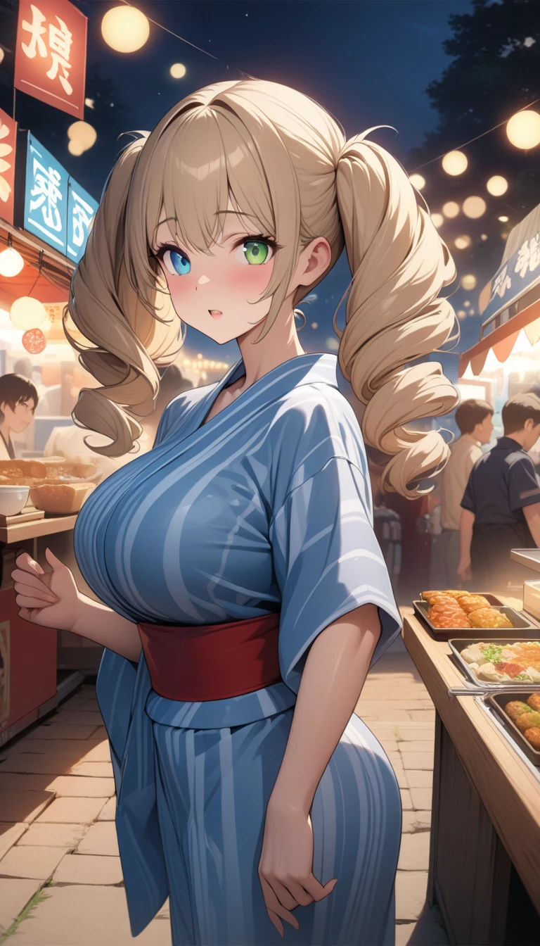 ((One girl)), Beautiful smile,Very happy expression,(Winking and smiling),Glossy Lips,Abstract, night,Festival food stalls, ((Anime style background)),masterpiece, highest quality, so beautiful, Absurd, up to date, Complex details, (Pink long nails),AI-generated, Complex,High resolution, highest quality, super high quality,3D Images、View the viewers、3D Images,one person,Long Blonde Hair,High Ponytail,blue eyes,Anime woman posing for a photo, [[Fine grain、Colorful eyes、Shining Eyes:1.15]],(Squint your eyes:1.1),a hyperRealistic , hyperRealistic , Realistic , Blonde anime woman with long hair, Smooth anime CG art, A woman in a colorful kimono with gold embroidery, Black kimono,Pink floral pattern,Flower Hair Ornaments,Earrings,(Large Breasts:1.3),Mature Body,tall,Big Ass,Fine details,Abdominal muscles,Shooting from an angle