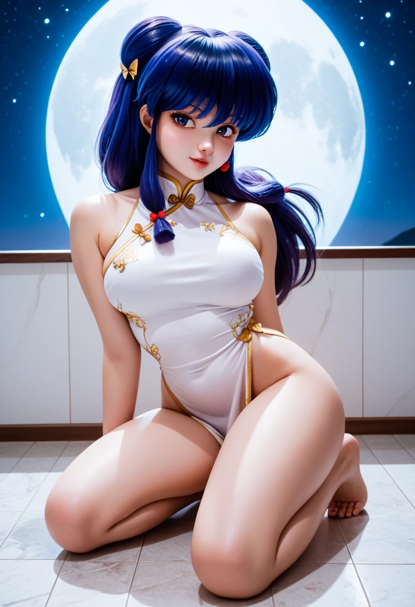 beautiful girl, nipples are visible, bright skin, Beautiful Asian lady, eyeliner, glitter, Lush white hair, short bangs, ponytails, braids, bows, Colorful wavy curls, Shiny hair stands out, eyes are deep and expressive, huge breasts, slim waist, sagging breasts, night sky, Moonlight, legs in different directions, Vaginal orchids, white high heel boots, Garter stockings, A mixture of bright lights and colorful nebulae, sleeves with ribbon, diamonds, vivid neon colors, Long legs, Don't hide your lower body, wide-open perineum