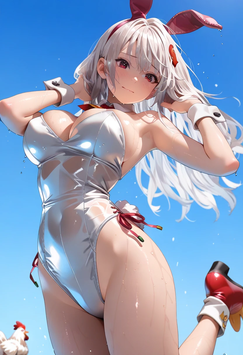 (Raw photo, Best Quality, masutepiece:1.2), (Realistic, Photorealsitic:1.4),(masutepiece:1.4),(Best Quality:1.4),1girl in, Solo, :D, animal ear headphones, Animal ears, Arms up, Bangs, blush, body suit, breasts, Bunny Pose, clothes writing, Covered navel, Cowboy Shot, Cropped jacket, Fake animal ears, gloves, plein air,morning,Snow, Hair intake, headphones, impossible bodysuit, Impossible clothes, Jacket, Large breasts, Latex, Latex bodysuit, Long hair, Long sleeves, Looking at Viewer, Large breasts, Multicolored gloves, Open mouth, Pink Bodysuit, Pink eyes, Red Eyes, Red jacket, clothes shiny, Shrug \(Clothing\), side locks, Skin Tight, Smile, Thigh gap, thighs thighs thighs thighs, Twin-tailed, Very long hair, White Gloves, White hair,Alice \(nikke\),(Shiny skin),Realistic, beautifull hands:1.3, Leaning on the camera, Dark industrial background, Bokeh,