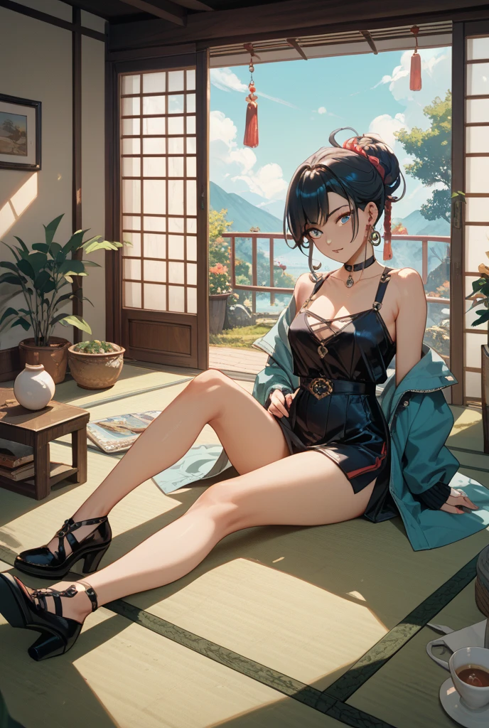 1girl, black hair, short hair, 1girl, gloves, 1girl, red_eyes, breasts, black_gloves, large_breasts, solo, short_hair, bare_shoulders, indoors, dress, looking_at_viewer, belt, earrings, iron_cross, bangs, jewelry, hair_ornament, "Photorealistic, Hyperrealistic, Hyperdetailed, analog style, soft lighting, subsurface scattering, realistic, heavy shadow, masterpiece, best quality, ultra realistic, 8k, golden ratio, Intricate, High Detail, film photography, soft focus", sweating, steaming body, fog, (3d, realistic:1.4)