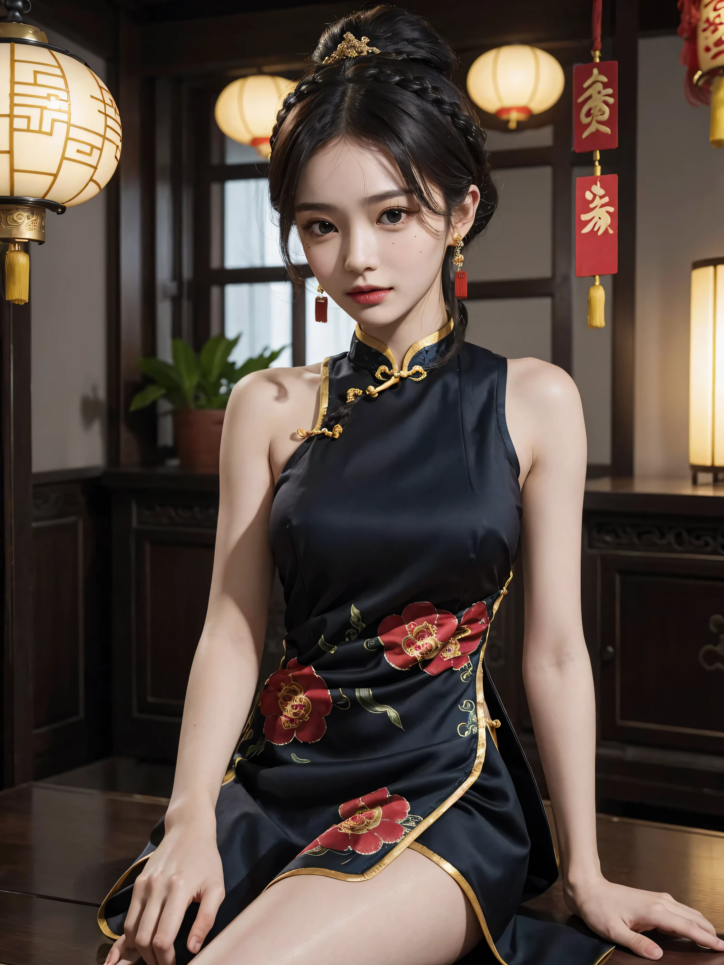 k40hu,, 8k, hd,, k40hu, masterpiece, best quality, Asian, 1girl, slender, brown eyes, seductive look, outdoor, China Town, solo, hoop earrings,
wearing a qipao with thigh highs,