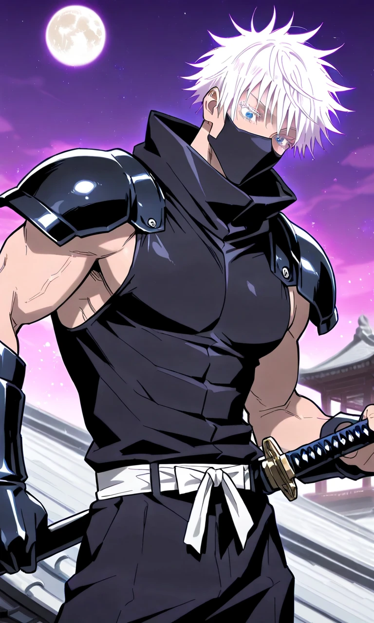 1man, gojou satoru /(jujustu kaisen/), detailed eyes, blue eyes, white hair, short hair, detailed eyelashes, colored eyelashes, sexy man, trained body, muscular, handsome, cool, mature man
scar on right eye, moon, purple sky, standing on a rooftop, temple rooftop, temple complex in the background , (((masterpiece))), (((best quality))), (((ultra detailed))), samurai, holding katana, dynamic pose, flat color, dark them, ninja outfit, ninja mask, solo, black vest, shoulder armor, gauntlets, black hood, armored gloves, elbow gloves, bodysuit, mask, ninja, mouth mask, hood up, belt, gloves, upper_body, deep of field