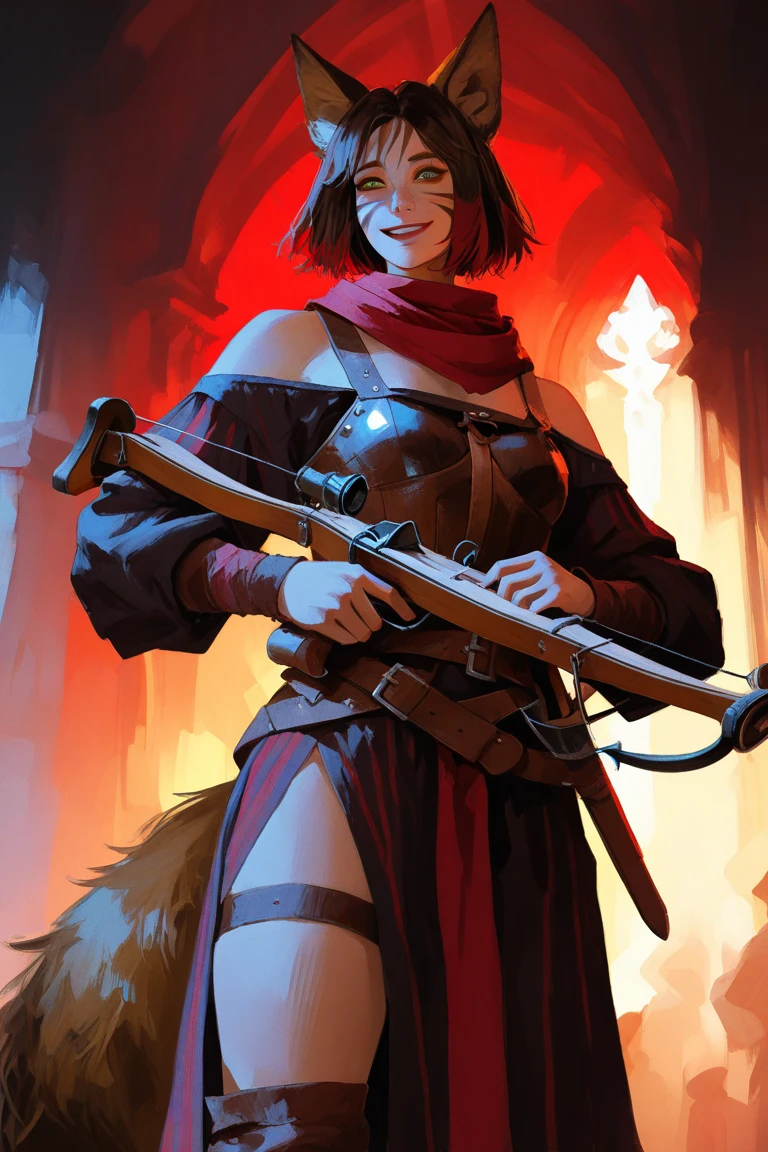 (((1 Female))) one person, 1 woman,barbarian, full body, short hair, black hair, bright yellow eyes, medieval clothes, wolf fur coat, tunic, red hood, axe, muscular, war paint, black forest, shadows, wolf ears, dynamic pose,