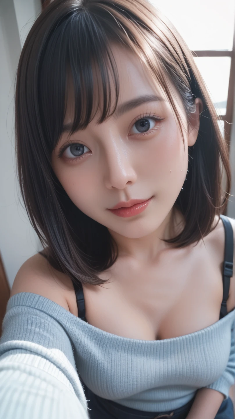 ((big breasts:1.2))、blue eyes、droopy eyes、white skin、long hair、straight hair、blunt bangs、sexy pose、on the bed in a western room、sexy underwear、cute smile