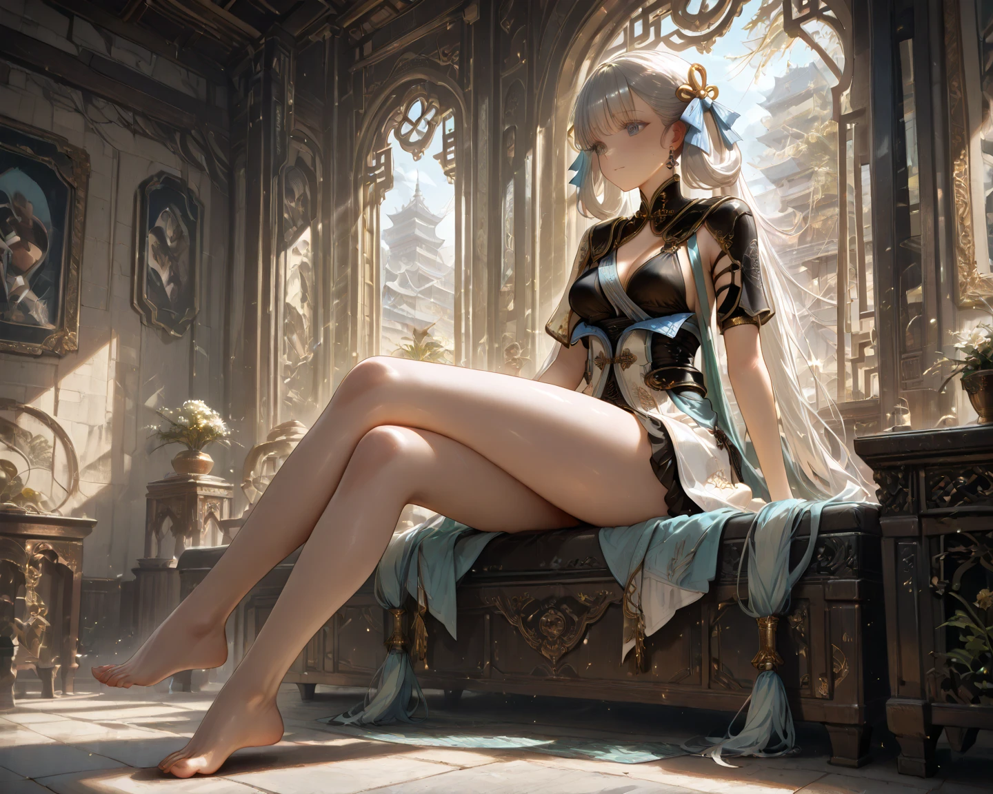 (masterpiece, best quality:1.5), (ultra detailed, high resolution, 8k, beautiful detailed, UHD, best anatomy), white hair, small breasts, 1 cute girl,