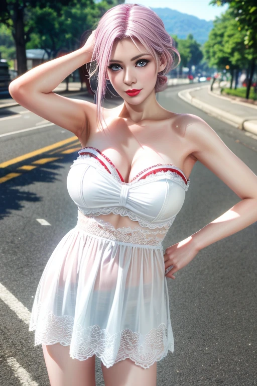 1 girl,Alice,(pajamas),(White strapless dress:1.4),Outdoor activities, (standing posture),grace,(((red lips))), Lips slightly open, clavicle,Lactation,(huge breasts),skin shiny,((8k, original photo, top quality, masterpiece), HD RAW color photos professional close-up photos, (actual, photorealism: 1.37), (best quality),8k,Fabric luster,alone,