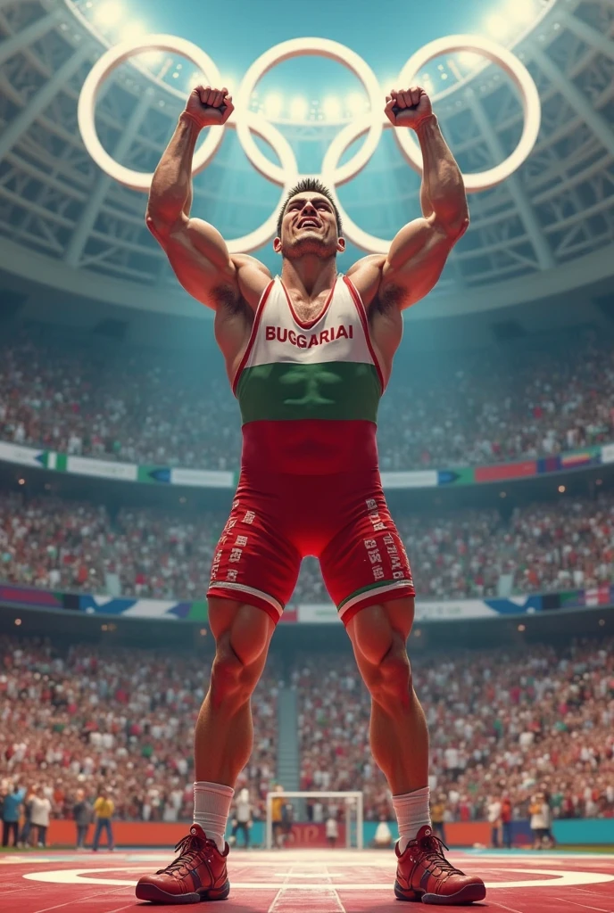 a muscular man with a shaved head and beard, wearing a red freestyle wrestler's costume, striking a dramatic pose on a wrestling ring surrounded by spectators in a stadium, (best quality,4k,8k,highres,masterpiece:1.2),ultra-detailed,(realistic,photorealistic,photo-realistic:1.37),hyper detailed, cinematic lighting, dynamic pose, intricate details, chiseled muscles,sweat glistening,intense expression,stadium crowd,vibrant colors,dramatic scene