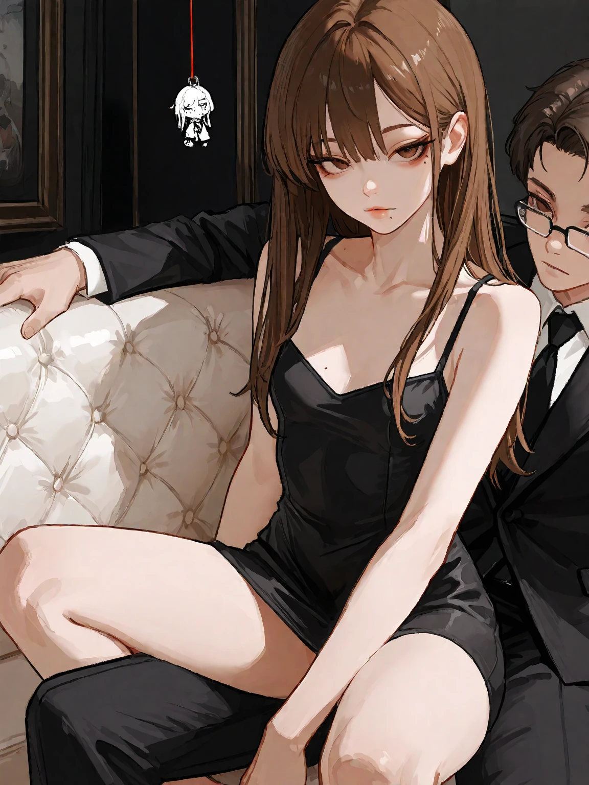 A beautiful adult woman with shoulder-length long hair, big breasts, beautiful legs, and a sharp face is wearing a black tube top that exposes her navel and hot pants shaped like black panties, and a middle-aged man in a suit puts his hand on her back. I&#39;m kissing you。Western-style hotel private room。
