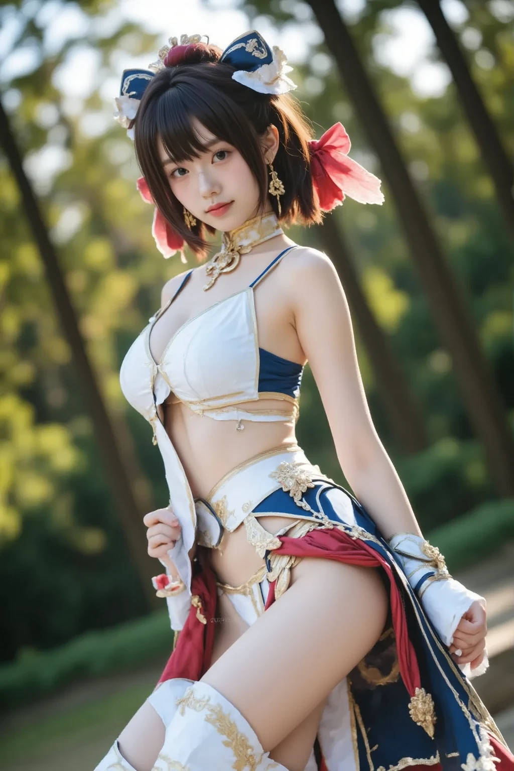 (best quality:1.5), (masterpiece:1.5), very detailed, high resolution, 8k, cute Japanese woman, cute 24 year old beauty, slim body, (busty breasts), thin lips, detailed face, Beautiful and elegant face, cute face, natural bangs, arched eyebrows, well-groomed eyebrows, (big eyes with a good balance between the left and right sides), cute eyes, beautiful eyes, beautiful thin nose, (beautiful skin), medium Hair, Brunette hair, black hair, (natural bangs), (Round and cute face:1.2), slim figure, (looking at the camera with a Gentle smile), beautiful legs, smooth skin skin, slim and beautiful thighs, cute and sexy slim 24 year old woman, fair skin , Beautiful breasts, (Slender and slim body:1.5), (Slim waist:1.8), (slim hips:1.8), ((slim Butt:1.8)), I-type Valley, (cleavage), (Natural Light:0.8), (lighting forward:0.8), (lighting front:0.8), (Flat lighting:0.8), Relaxed smile, Detailed fingers, beautiful hands, (Round face:1.4), (Sexy dress), Beautiful cleavage, ((Underboob)), (Sexy lace panties), ((Beautiful nipples:1.5)), Girl sitting, sword, (show underboob:1.5),