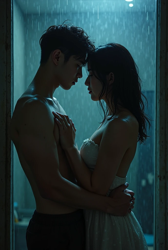 (super high quality:1.2),(masterpiece:1.2), Very detailed, (Ultra-high resolution:1.2), (Realistic, photo Realistic:1.6), High-resolution RAW color photos, Professional photos, Dramatic lighting, Sensual movie scene、Sharp focus:1.2, (Very detailed顔と肌の質感, Very beautiful eyes, Glossのある肌, Glowing Skin, Glowing Skin, Shining Face, Gloss, Oily skin, greasy face, Oily skin, greasy face, 強いGloss), Perfect Anatomy, Very detailed背景,,(Night shower),((25-year-old woman, Japanese women),(lean slender body、Slender legs), (Short Bob Hair, Straight hair, bangs, Brown Hair), (Flat Chest:1.6),(Glowing Skin,White skin), (((Dark navy strapless one-piece swimsuit,Japanese School Swimsuit))),((Wet in the shower:1.3)),,(((Shirtless woman:1.5))),((Leaning forward,Woman opening legs)),Earrings,((((One naked man、A man grabs a woman from behind)))),、(((Reaching orgasm:1.4))
