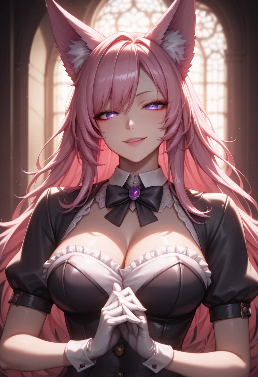 1girl, pink hair, long hair, hd quality, 4k, 8k,,eyes, face, , evil, dark, face closeup, face, evil smirk, fangs,in a cute bedroom on the bed,und, face close up. dominant, dark, sideways, sideview, villain, hair clip,black horns, large breasts, twin tails, evilgrin, huge breasts, wink, one eye closed, eye wink, pink