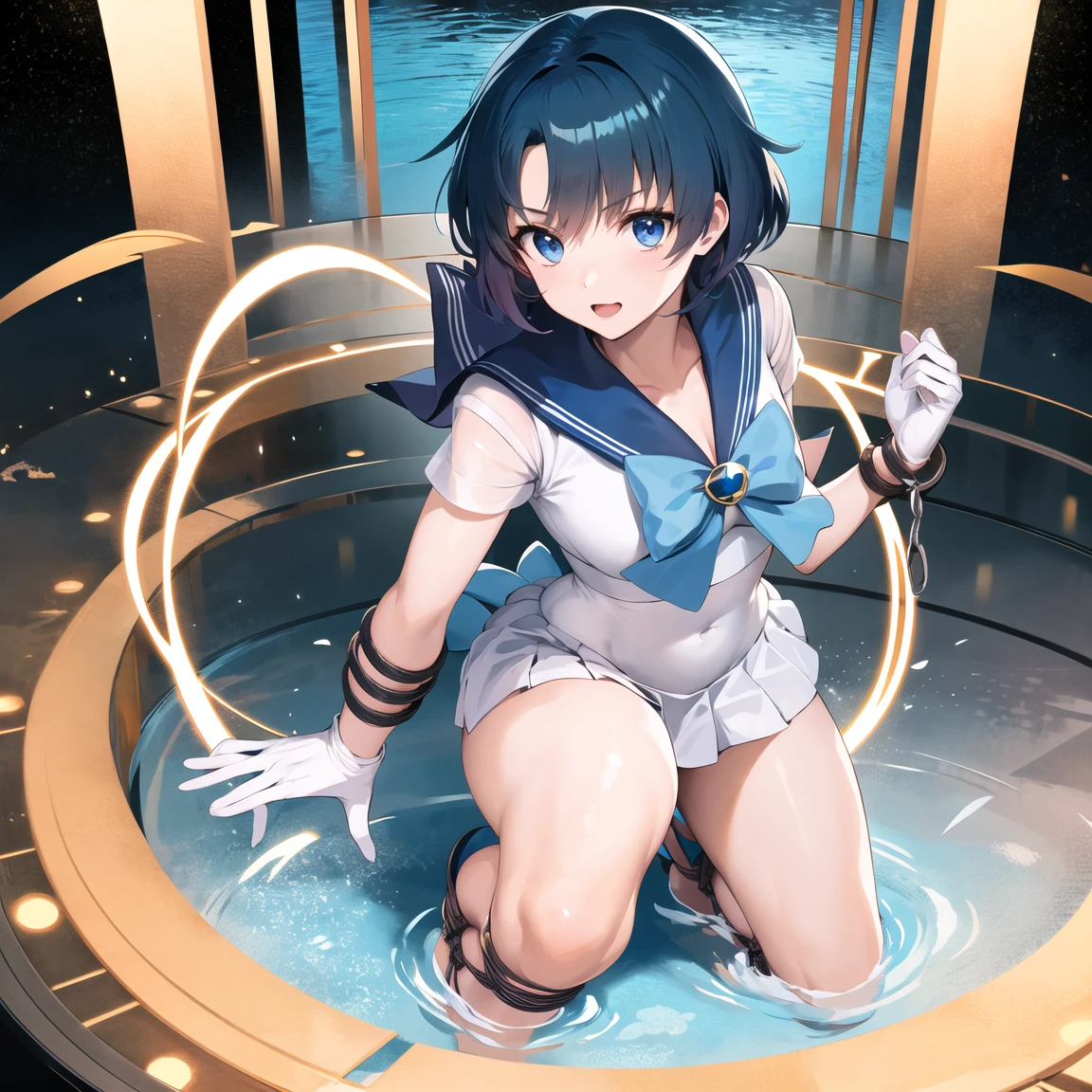 1woman, Hairstyle: long straight dark blue hair with hairclip, expressive eyes, pink eyes(glowing), faint smile, perfect face, medium waist and voluptuous body, pale skin(extreme), wearing Chaldea uniform, Pose: Fullbody, Hands hidden behind back, Standing in water reflecting galaxies, Background: Welsh Castle ruins at night, chiaroscuro, 8k, best quality, absurdres, from below, looking at viewer, 