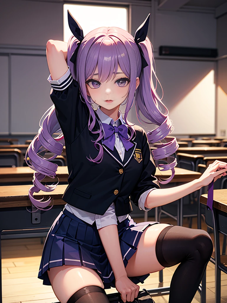 masterpiece, best quality, ultra-high-detailed, 1girl, fishnet pantyhose, Shinoa Hiiragi, purple hair, braided hair, purple ribbon, grey serafuku, green necktie, black skirt,