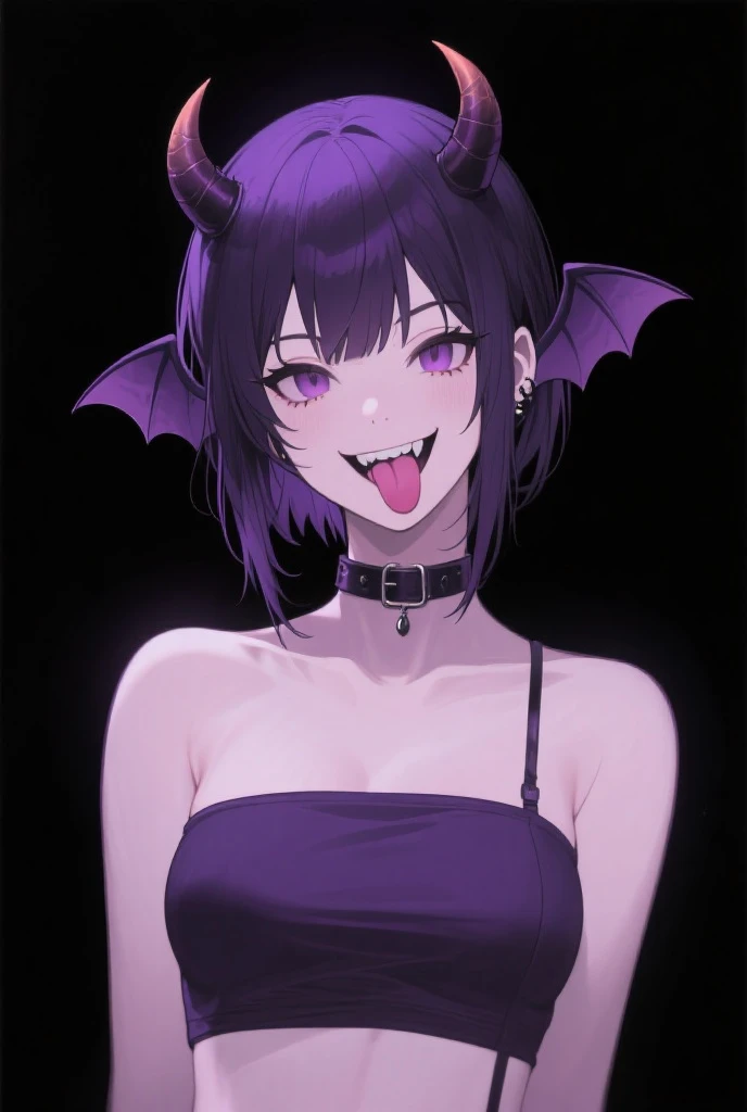 1girl, black dress, purple hair, smile, cleavage, red eyes, demon wings, medium breasts, collar, earrings, demon horns, medium hair, corset,