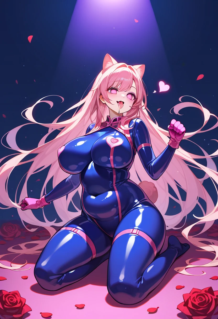(Masterpiece) (High Detail) (High Res) A short petite humanoid girl with pale human skin, bright turquoise-coloured eyes, long pink hair in a braid and large fluffy pink dog ears and a big fluffy pink dog tail and average breasts. Pink Hair. Pink Tail. She is sat on a sofa wearing a tight spandex suit like D.Va from Overwatch. The tight spandex suit is blue and pink. Pink hair. Pink Tail. D.va from overwatch.