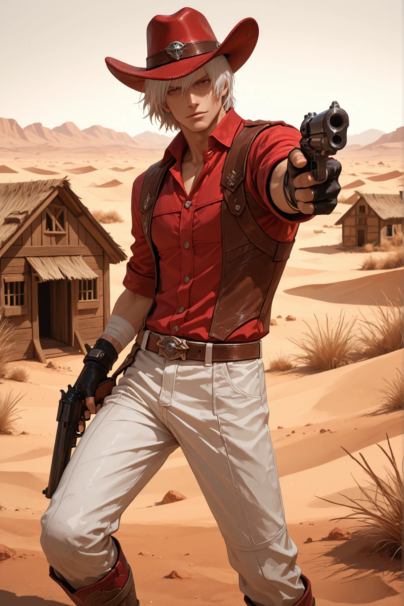 1 boy, Dante, red collared shirt, white pants, boots, fingerless gloves, black gloves, wrist bandages, cowboy hat, belt, outdoors, old west, desert, wooden houses, gun, holding gun, pointing gun at viewer, best quality, masterpiece, ultra detailed, very aesthetic