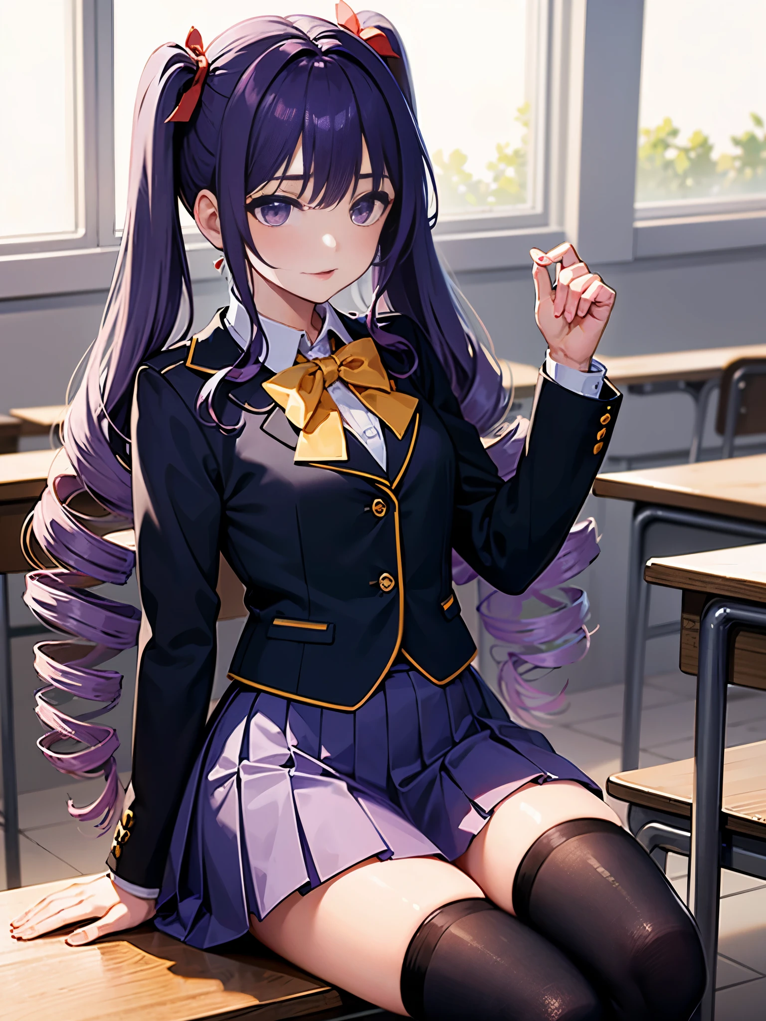 (((Spread your legs)))、Glasses、Uniform Blazer、Beautiful beauty、Long purple hair、((whole body))、(((Photo taken from below)))、school gate、Big Breastini skirt、Panties are black lace