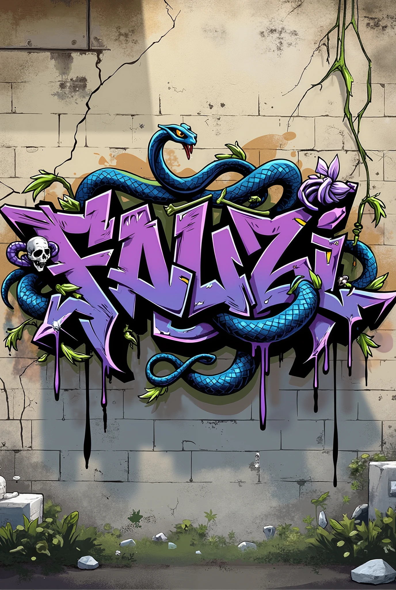 Cool graffiti spelling black purple 'Fauzi' on a stone wall background, grim reaper skull, king cobra snake, liquid paint, creeping roots, Chinese