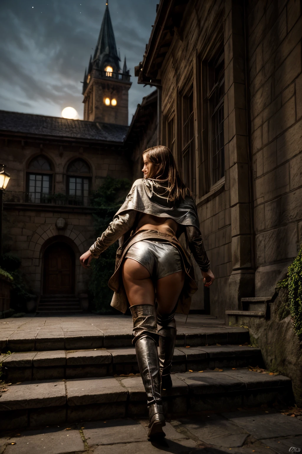 videogame fantasy art, (from above back:1.2), town, standing on tower, sunset, (wind), cute sensual (nsfw) cloaked assassin girl closeup, hdr, 85mm dslr