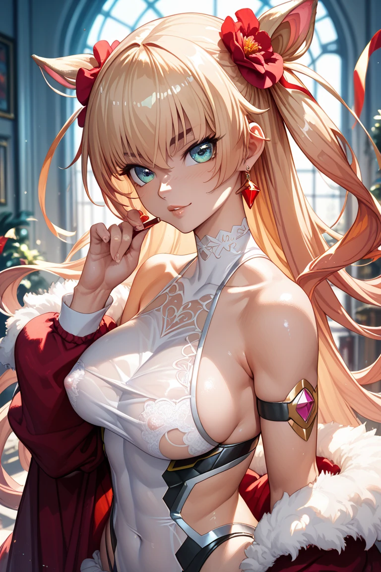Highest quality, best picture quality, masterpiece, detailed, high quality, visual art, 4K, 1 girl, solo, ((Shinobu Oshino, Kiss Shot Acerola Orion Heart Under Blade 2.0)), long hair, very long hair, beautiful blonde hair, red dress, long dress (black breast), large breasts, cleavage, collarbone, golden eyes, gloves, white elbow gloves, cool, cold expression, black ribbon,